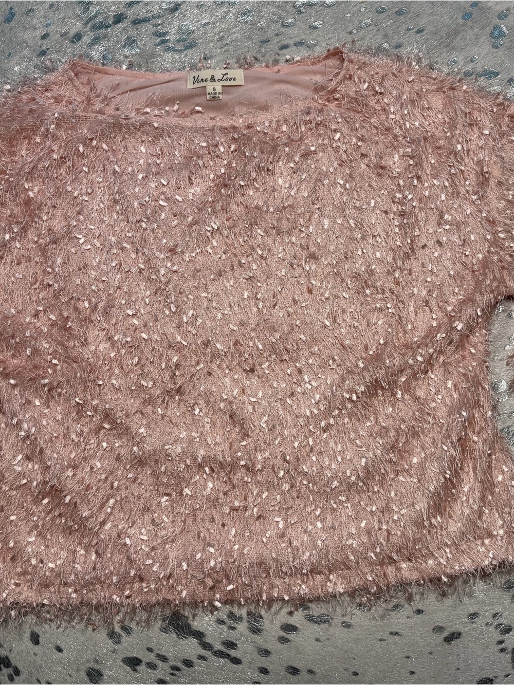 Vine & Love Rose Pink Shimmer Fuzzy Crewneck Sweater